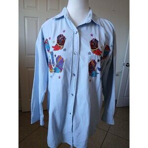 Ellen Richman Womens Blouse Blue Western Cowgirl Embroidered Shirt Small